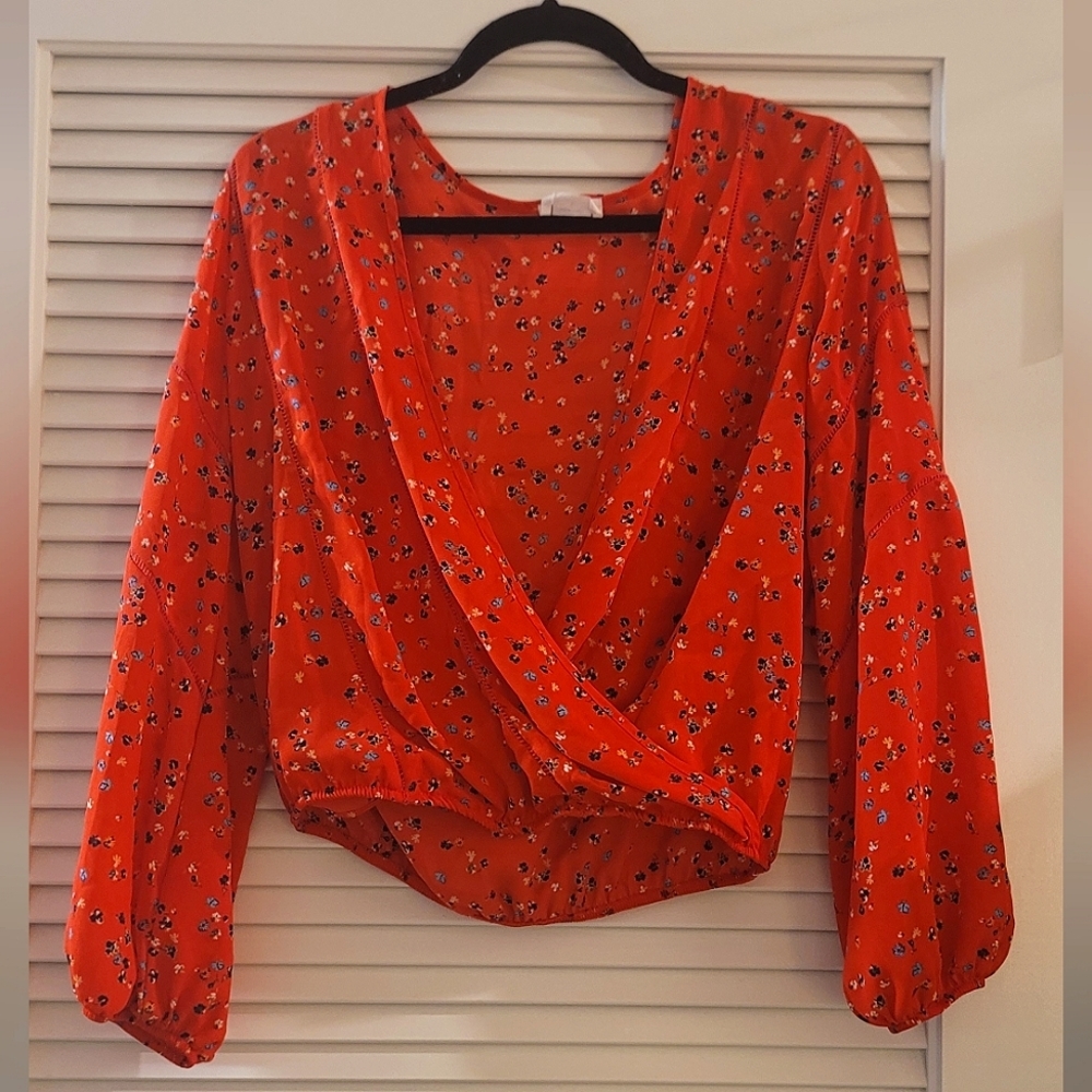 Sienna Sky - Redish-Orange Long Puff-Sleeve Floral Lightweight Top